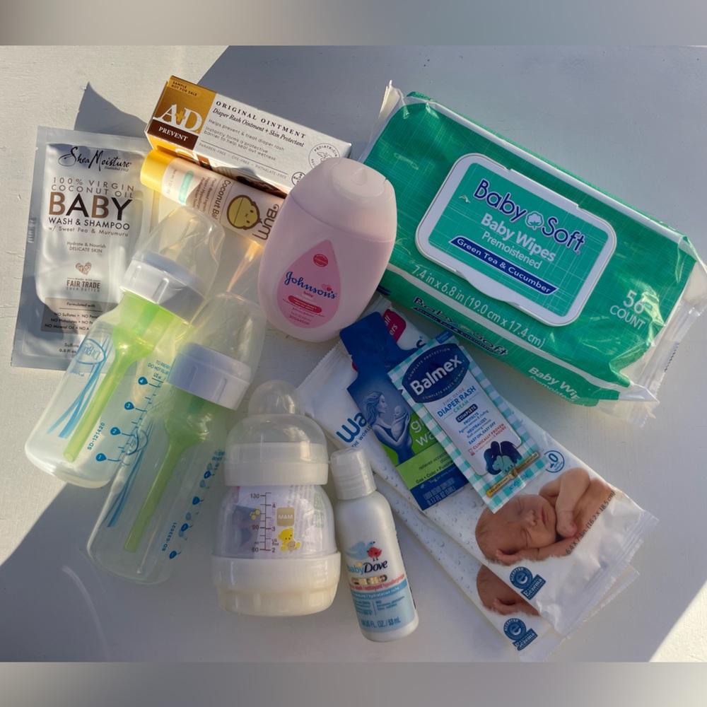 TWO brand new DR BROWN baby bottles and various misc baby samples